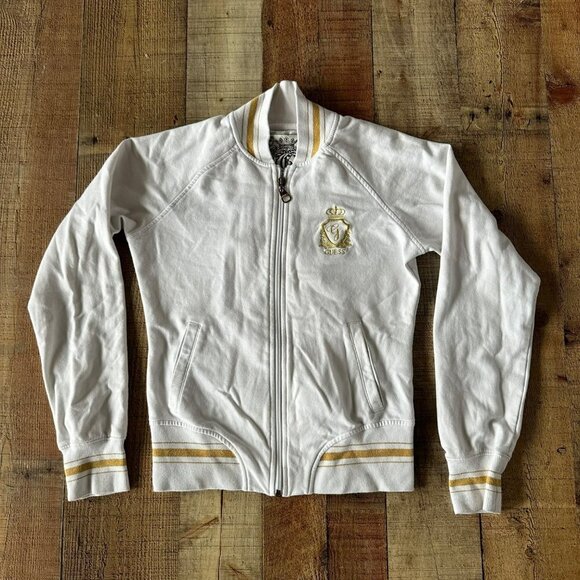 y2k Guess white with gold embroidered logo zip up jacket women's small - Picture 1 of 9